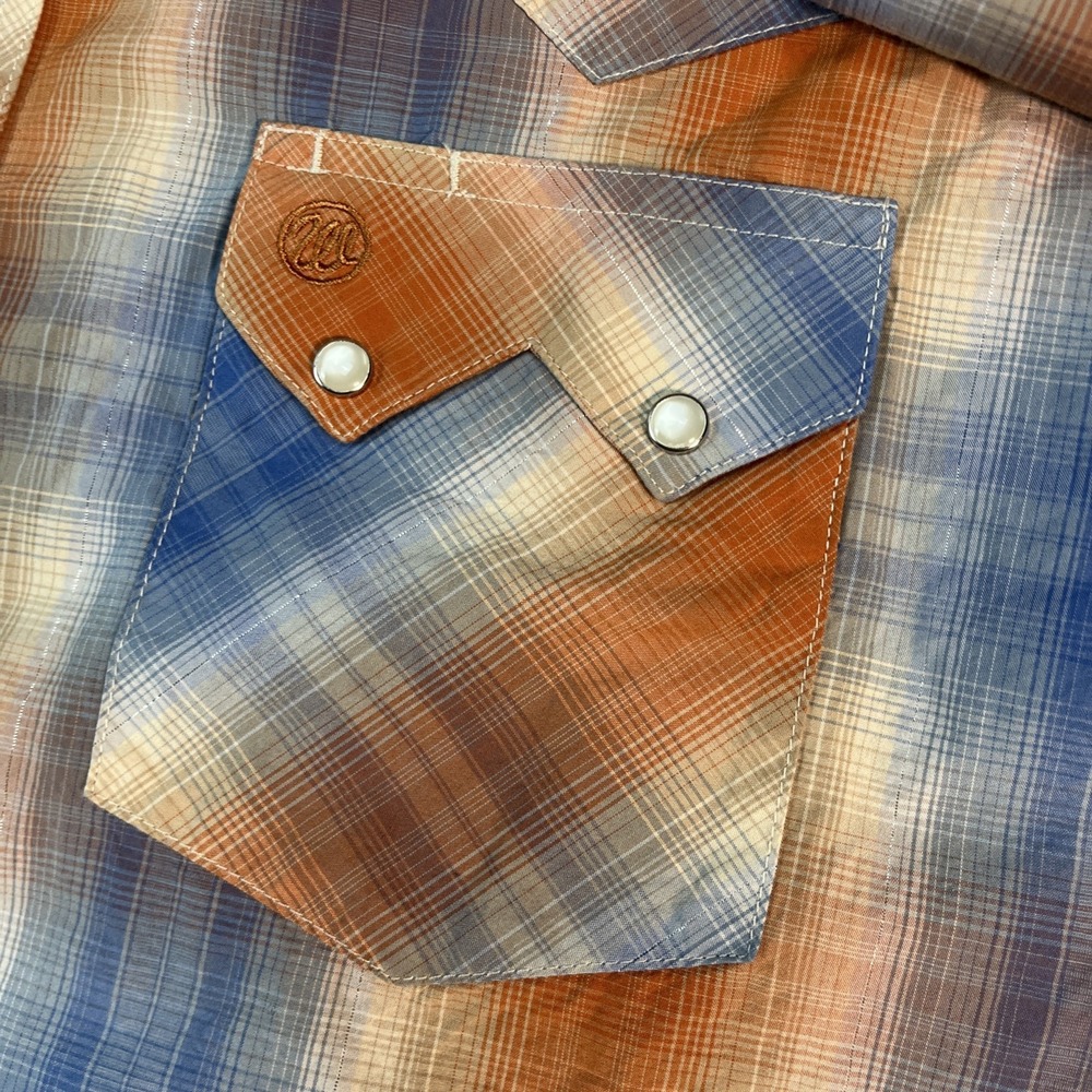 Wrangler Blue and Orange Plaid Western Pearl Snap Shirt - Picture 3 of 10